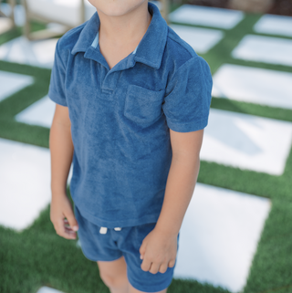 New Navy French Terry Polo with Ribbed Hem