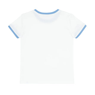 Unisex White Cotton Ringer Tee with Blissful Blue Trim