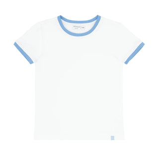 Unisex White Cotton Ringer Tee with Blissful Blue Trim