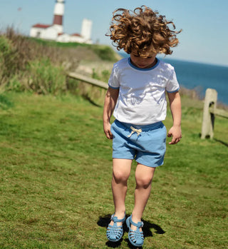 Unisex White Cotton Ringer Tee with Blissful Blue Trim