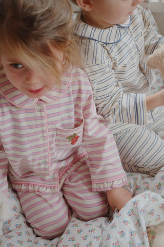 Indigo Stripe Pajama Set With Embroidered Teddy Bear