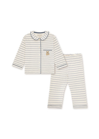 Indigo Stripe Pajama Set With Embroidered Teddy Bear