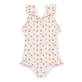 Girls Summer Cherries Ruffle Edge One Piece Swimsuit