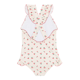 Girls Summer Cherries Ruffle Edge One Piece Swimsuit