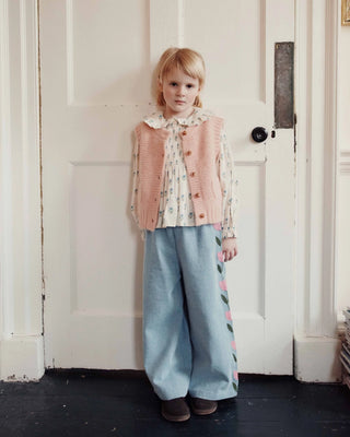 Light Denim Embroidered Tulips Trousers
