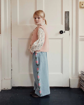 Light Denim Embroidered Tulips Trousers
