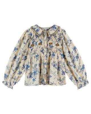 Orchid Blue Embroidered Collar Smocked Blouse
