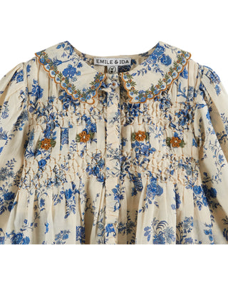 Orchid Blue Embroidered Collar Smocked Blouse
