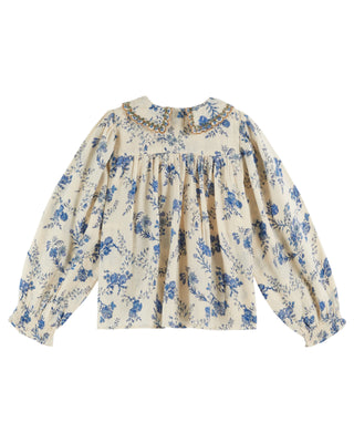 Orchid Blue Embroidered Collar Smocked Blouse

