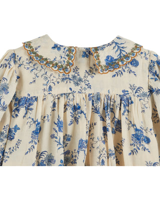 Orchid Blue Embroidered Collar Smocked Blouse
