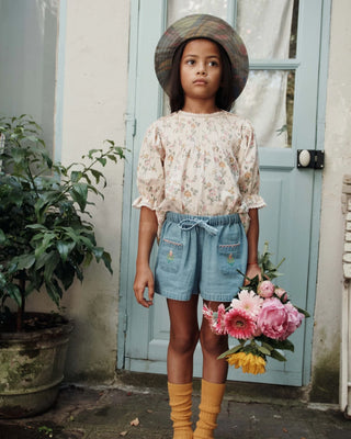 Floral Embroidered Pocket Denim Shorts
