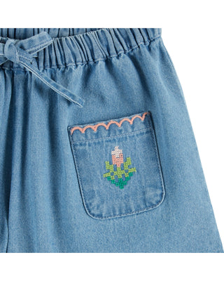 Floral Embroidered Pocket Denim Shorts
