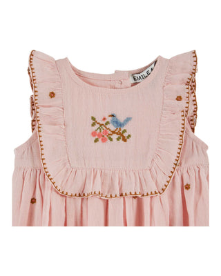 Pink Embroidered Floral Bird Baby Dress
