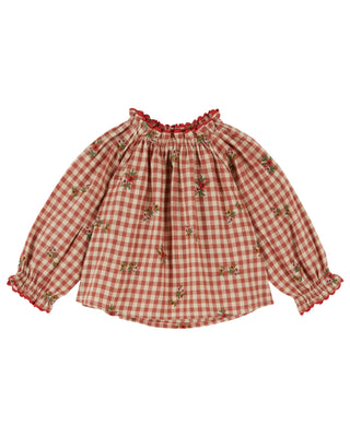 Embroidered Terracotta Gingham Blouse
