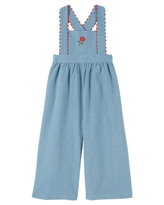 Light Denim Embroidered Flowers Overalls
