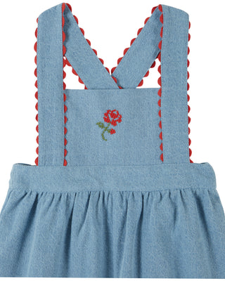 Light Denim Embroidered Flowers Overalls

