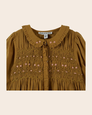 Olive Smocked Embroidered Dress
