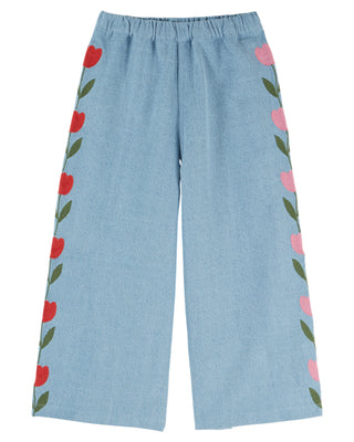 Light Denim Embroidered Tulips Trousers
