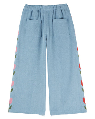 Light Denim Embroidered Tulips Trousers
