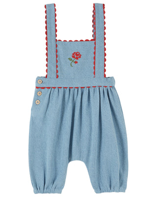 Light Denim Embroidered Flower Baby Overalls
