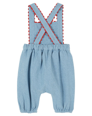 Light Denim Embroidered Flower Baby Overalls
