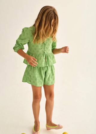 Green Swiss Embroidery Cotton Tie Blouse and Shorts Set

