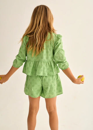 Green Swiss Embroidery Cotton Tie Blouse and Shorts Set
