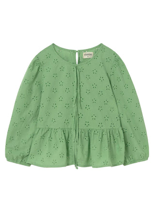 Green Swiss Embroidery Cotton Tie Blouse and Shorts Set

