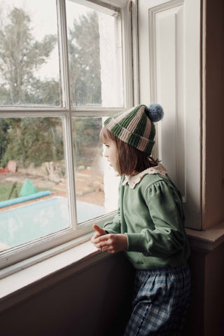 Olive Stripe Knit Pom Hat
