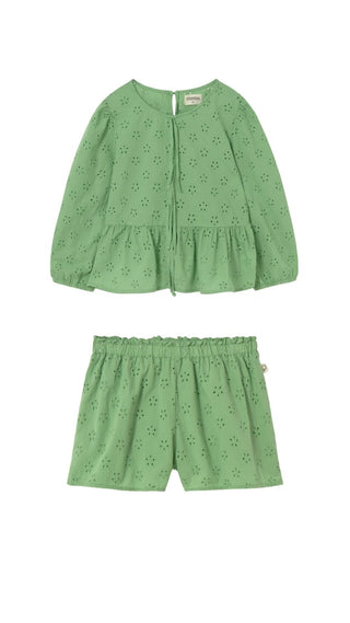 Green Swiss Embroidery Cotton Tie Blouse and Shorts Set
