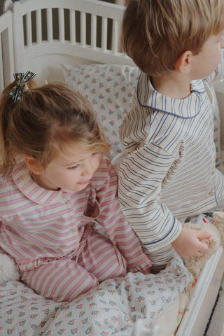 Indigo Stripe Pajama Set With Embroidered Teddy Bear
