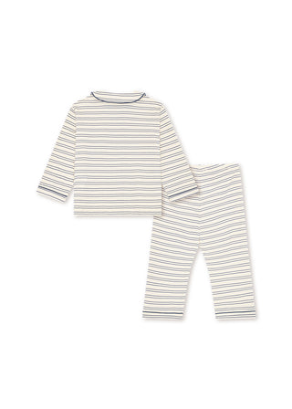 Indigo Stripe Pajama Set With Embroidered Teddy Bear
