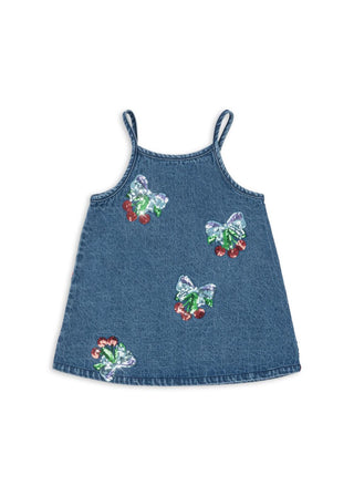Cherry Bow Sequin Denim Strap Dress
