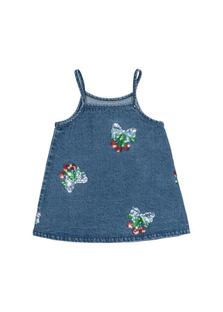 Cherry Bow Sequin Denim Strap Dress
