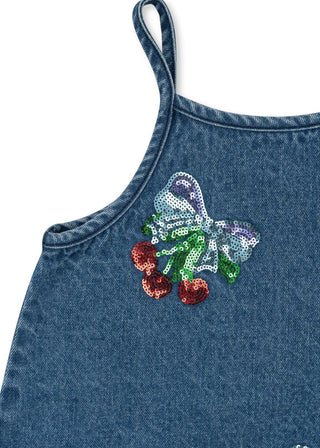 Cherry Bow Sequin Denim Strap Dress
